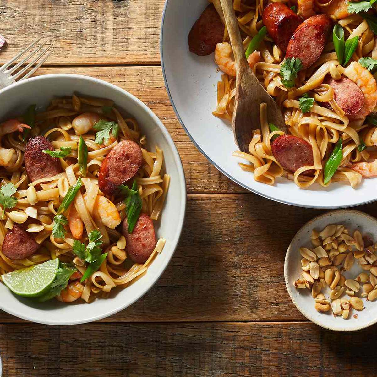 Easy Pad Thai Recipe with Shrimp and Smoked Sausage