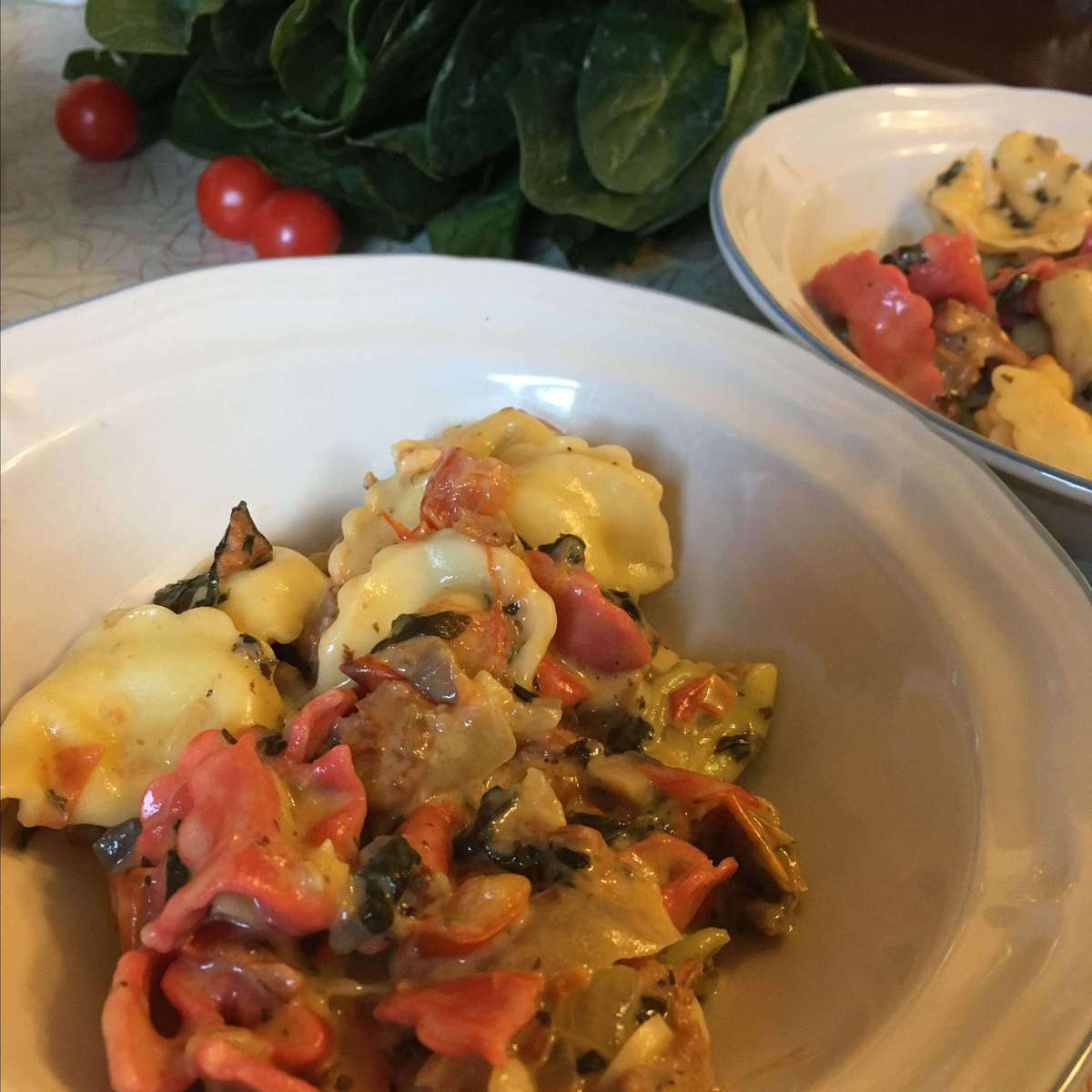 Creamy Cheese Tortellini with Sausage, Spinach and Mushrooms