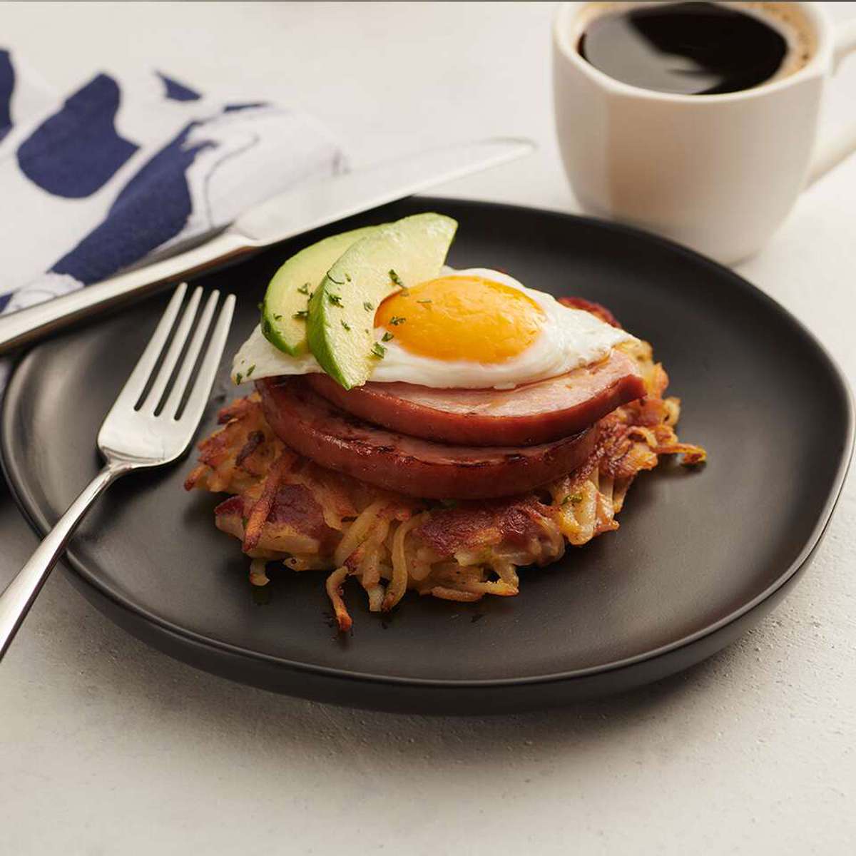 Savory Bacon Potato Cakes Recipe with Ham, Egg, and Avocado