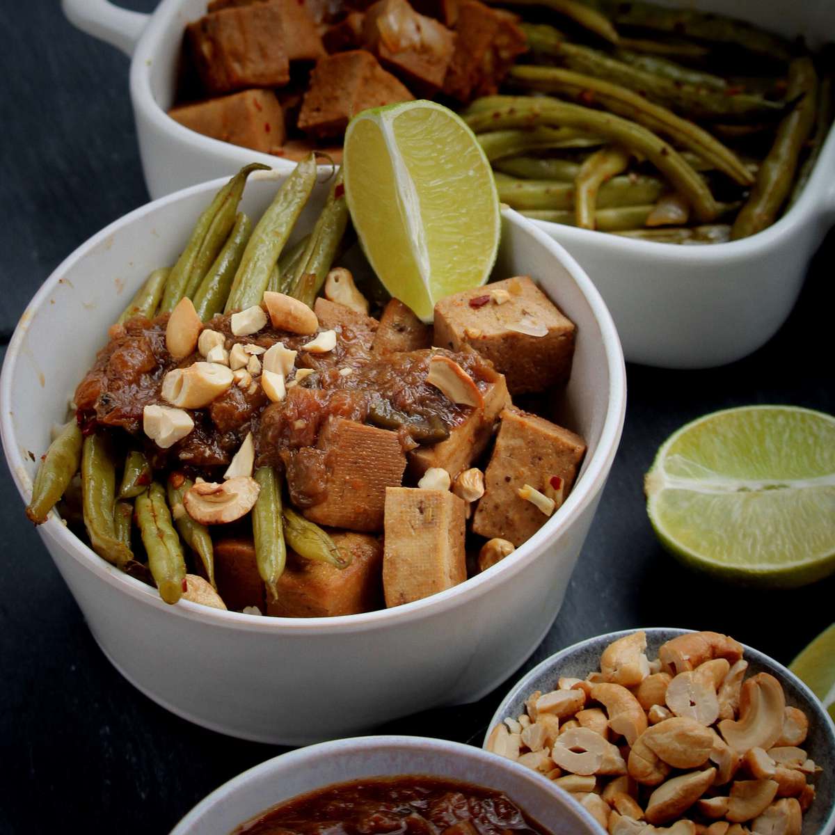 Baked Tofu and Green Beans with Spicy Rhubarb Sauce: A Vegetarian Delight
