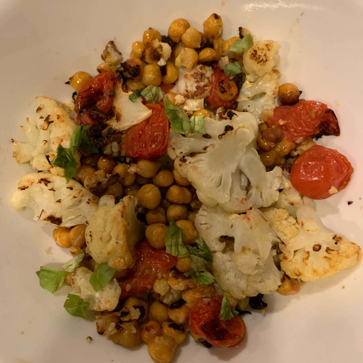 Easy Vegan Sheet Pan Roasted Cauliflower, Tomatoes & Chickpeas Recipe