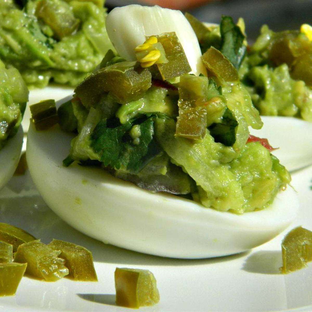 Green Avocado Deviled Eggs Recipe with Pickled Garlic