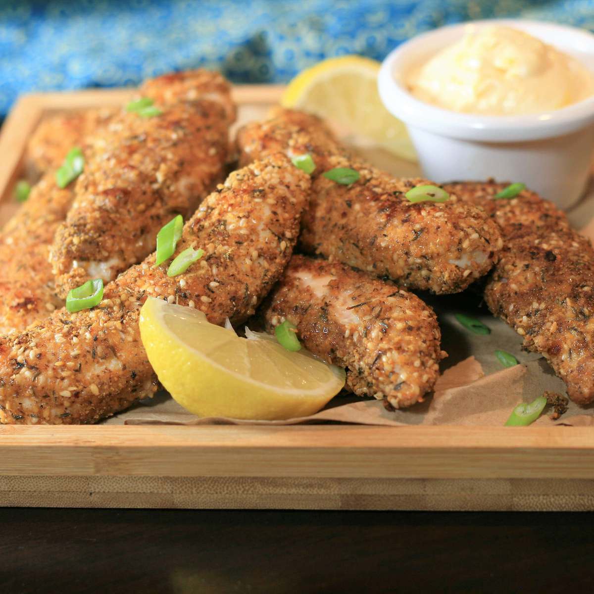 Dukkah Crusted Chicken Tenders Recipe with Lemon-Saffron Aioli