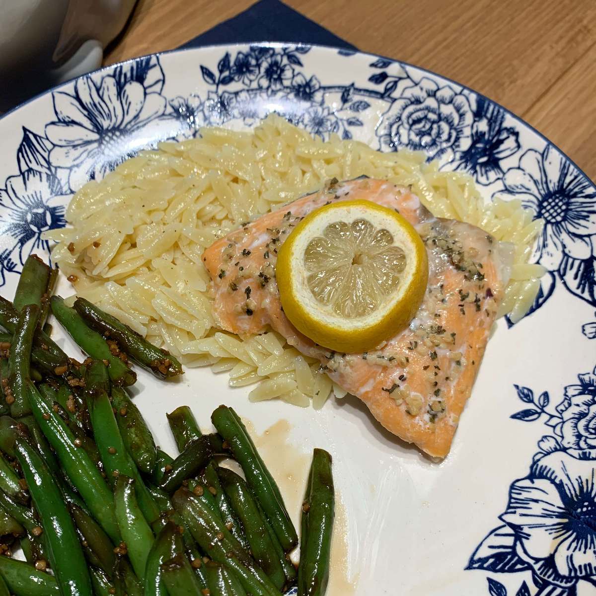 Baked Salmon Recipe with Lemon Orzo and Bacon-Basil Peas