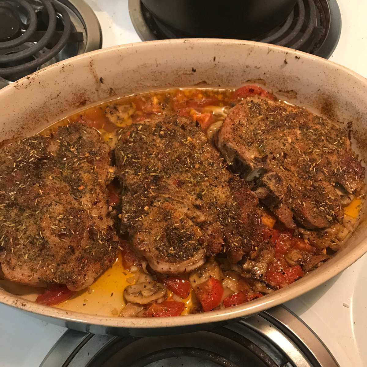 Easy Roasted Pork Chops Recipe with Tomato Mushroom Garlic Sauce