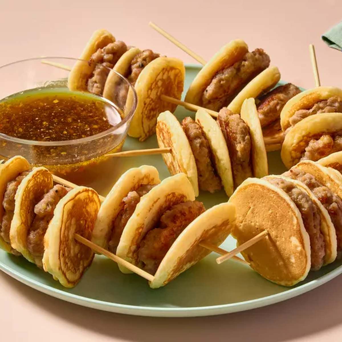 Mini Sausage Pancake Skewers with Spicy Maple Syrup